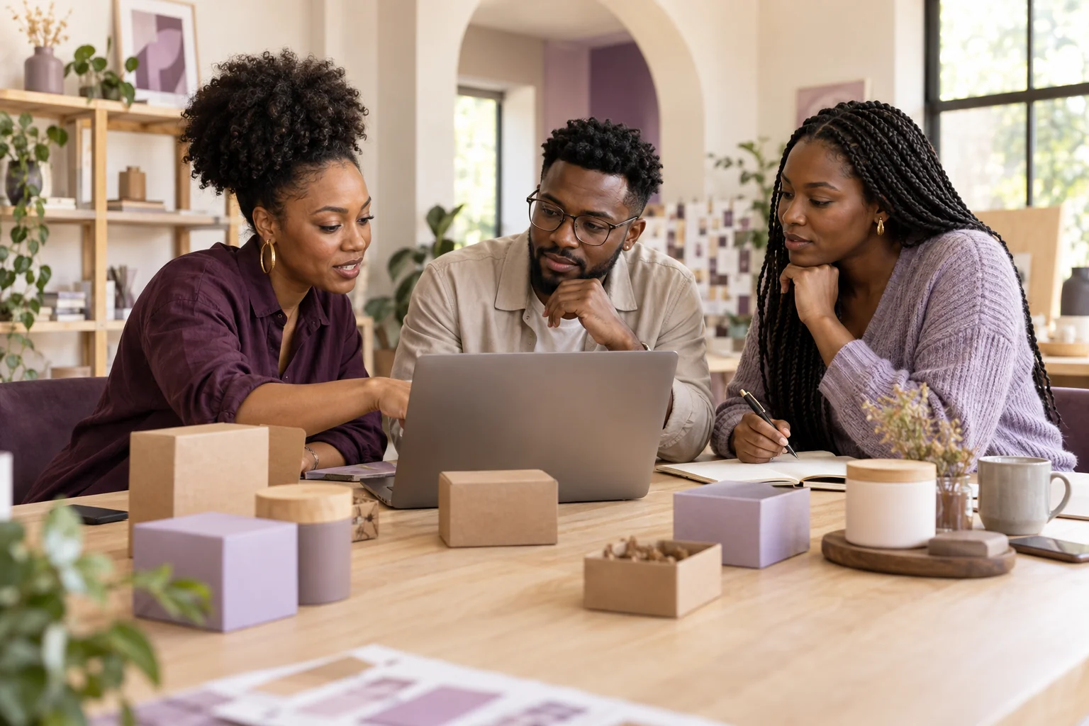Illustrative scene of three Black entrepreneurs planning a business with a laptop, notebook, and product samples.